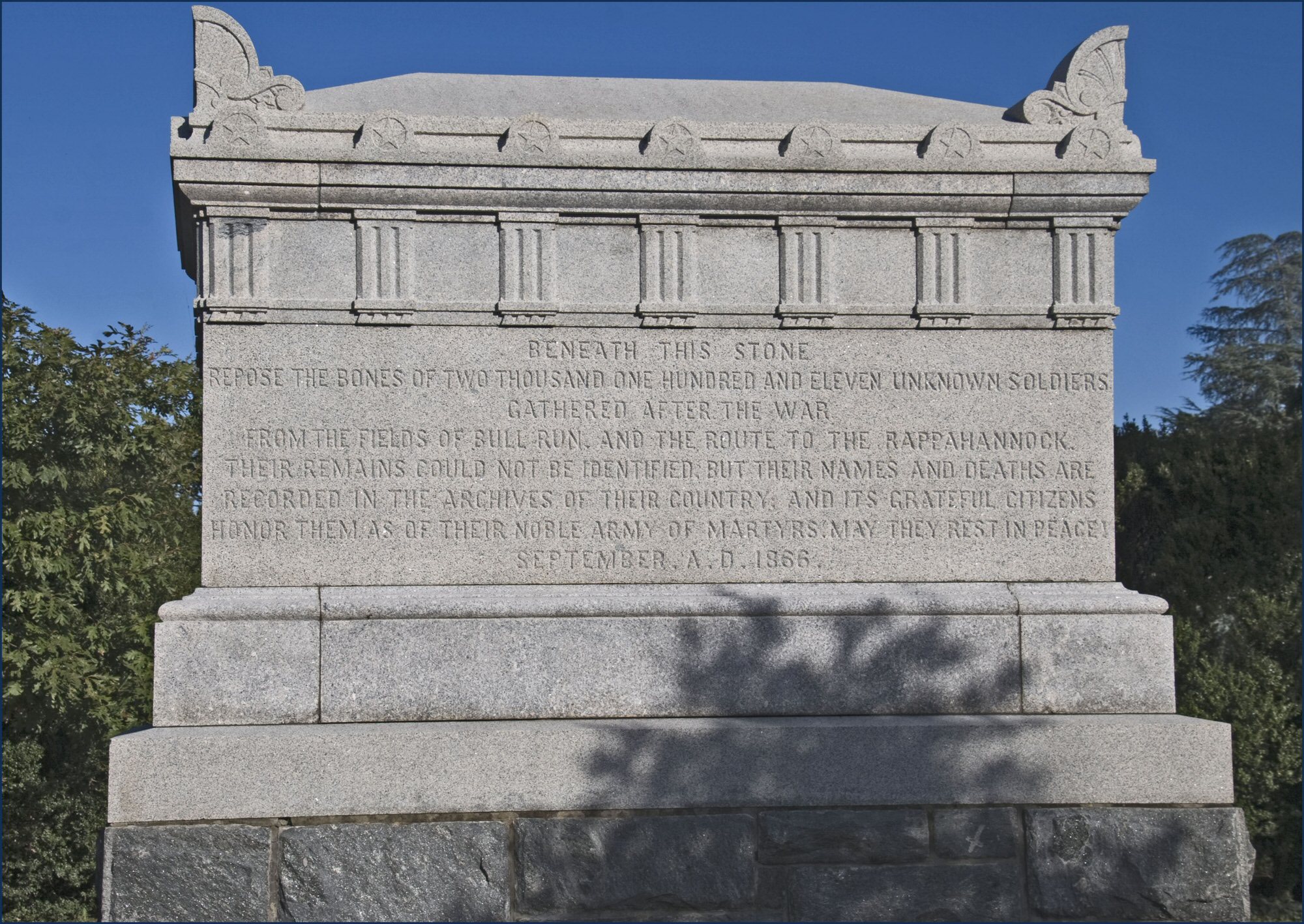 Near Arlington House, in what was once part of its famous rose garden, stands a monument dedicated to the unknown soldiers who died in the Civil War. This monument was the first memorial at Arlington to be dedicated to soldiers who had died in battle, and who later could not be identified.