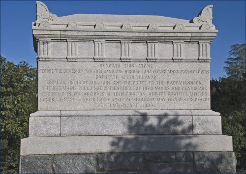 Near Arlington House, in what was once part of its famous rose garden, stands a monument dedicated to the unknown soldiers who died in the Civil War. This monument was the first memorial at Arlington to be dedicated to soldiers who had died in battle, and who later could not be identified.